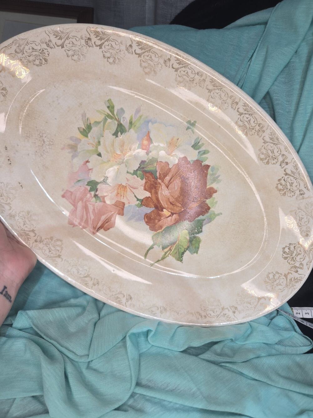 Antique 1916 Homer Laughlin Oval Serving Platter Floral Bouquet Gold Filigree